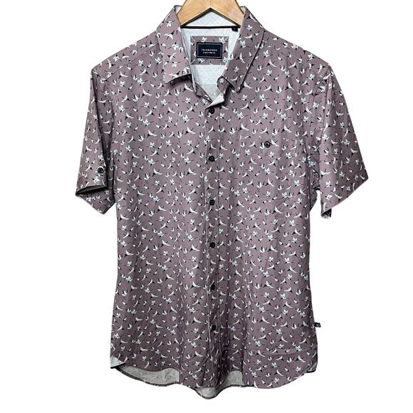 7Diamonds Shirt 4 Way Stretch Lavender Bird Print Short Sleeve Preppy Dressy S - Picture 1 of 7